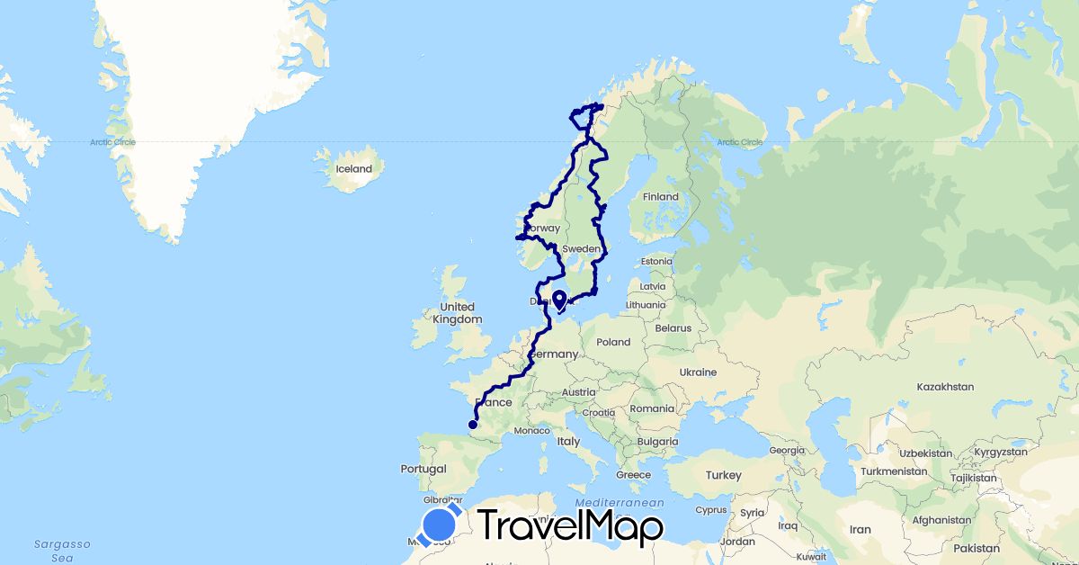 TravelMap itinerary: driving in Germany, Denmark, France, Luxembourg, Norway, Sweden (Europe)
