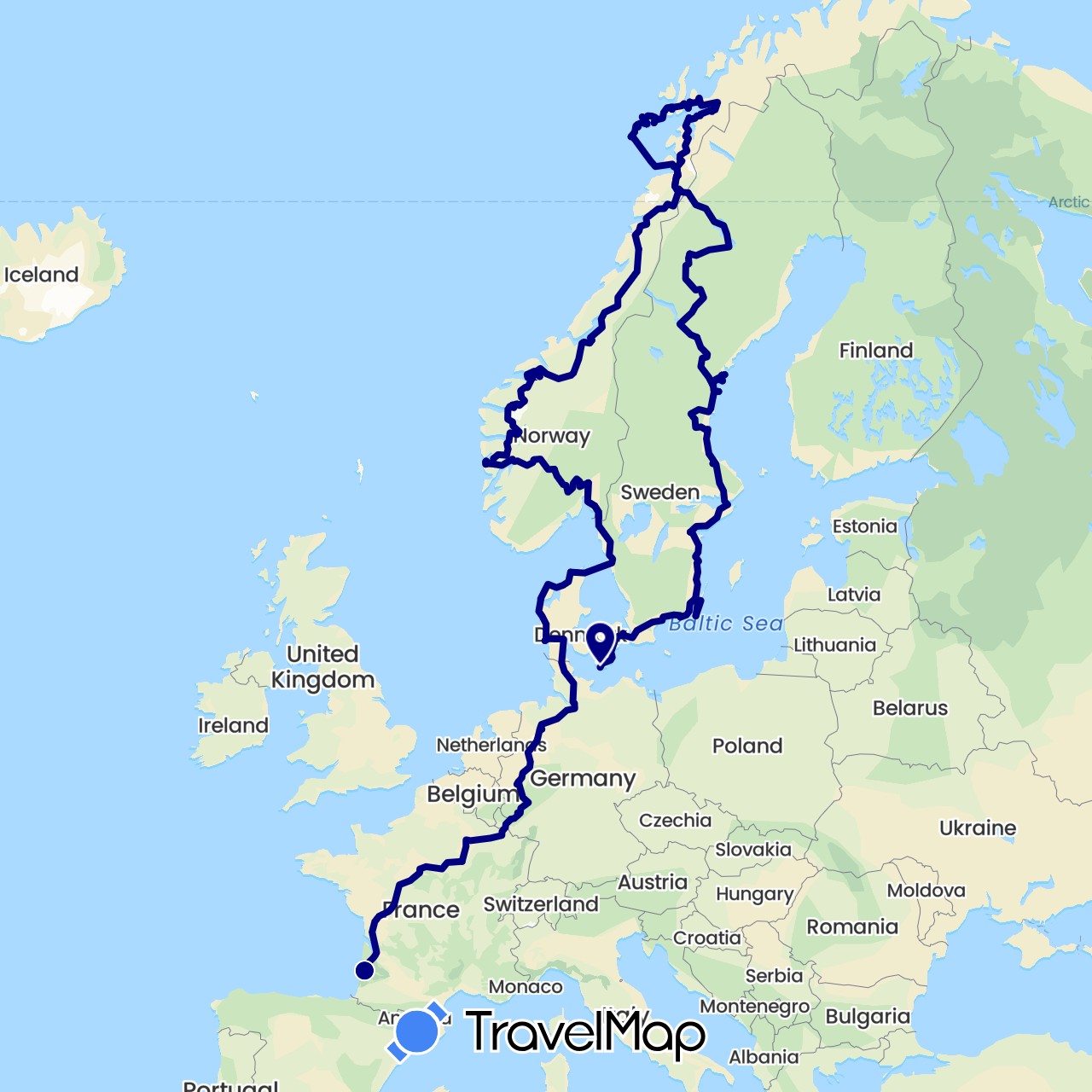 TravelMap itinerary: driving in Germany, Denmark, France, Luxembourg, Norway, Sweden (Europe)