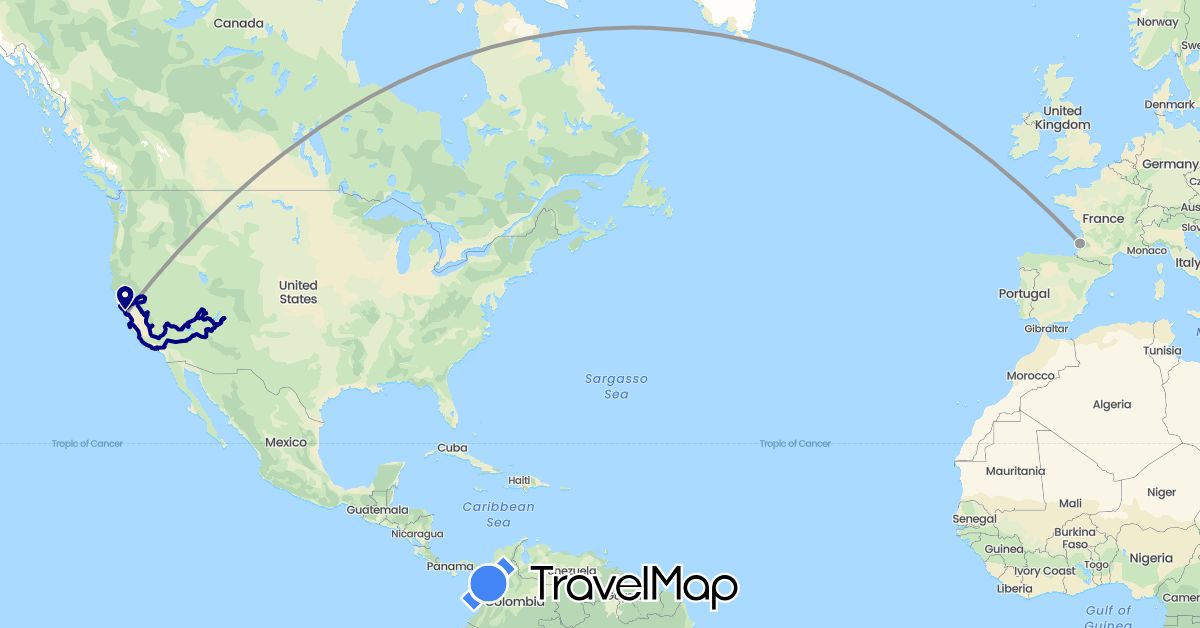 TravelMap itinerary: driving, plane in France, United States (Europe, North America)