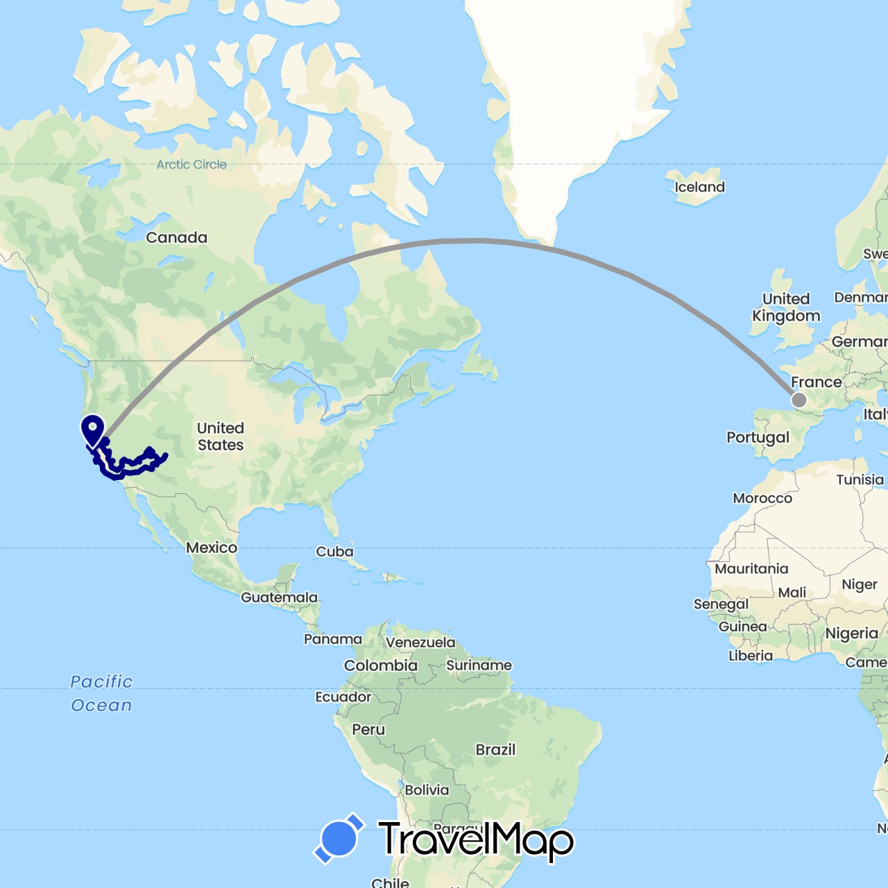 TravelMap itinerary: driving, plane in France, United States (Europe, North America)
