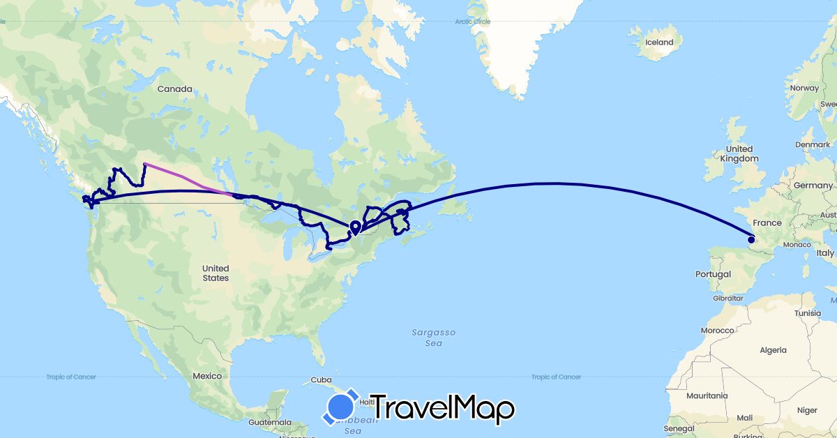 TravelMap itinerary: driving, train, boat in Canada, France, United States (Europe, North America)