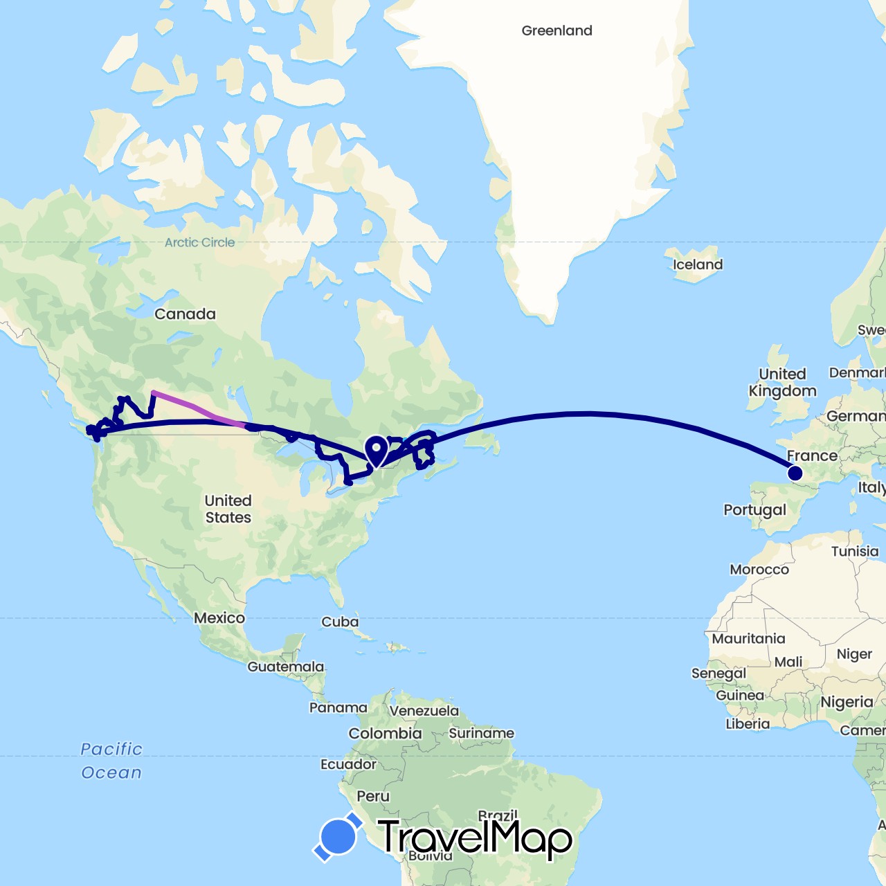 TravelMap itinerary: driving, train, boat in Canada, France, United States (Europe, North America)