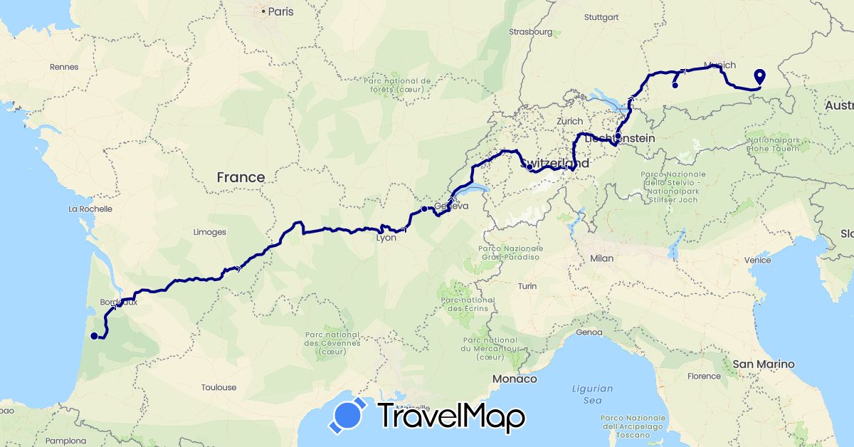 TravelMap itinerary: driving in Switzerland, France, Liechtenstein (Europe)