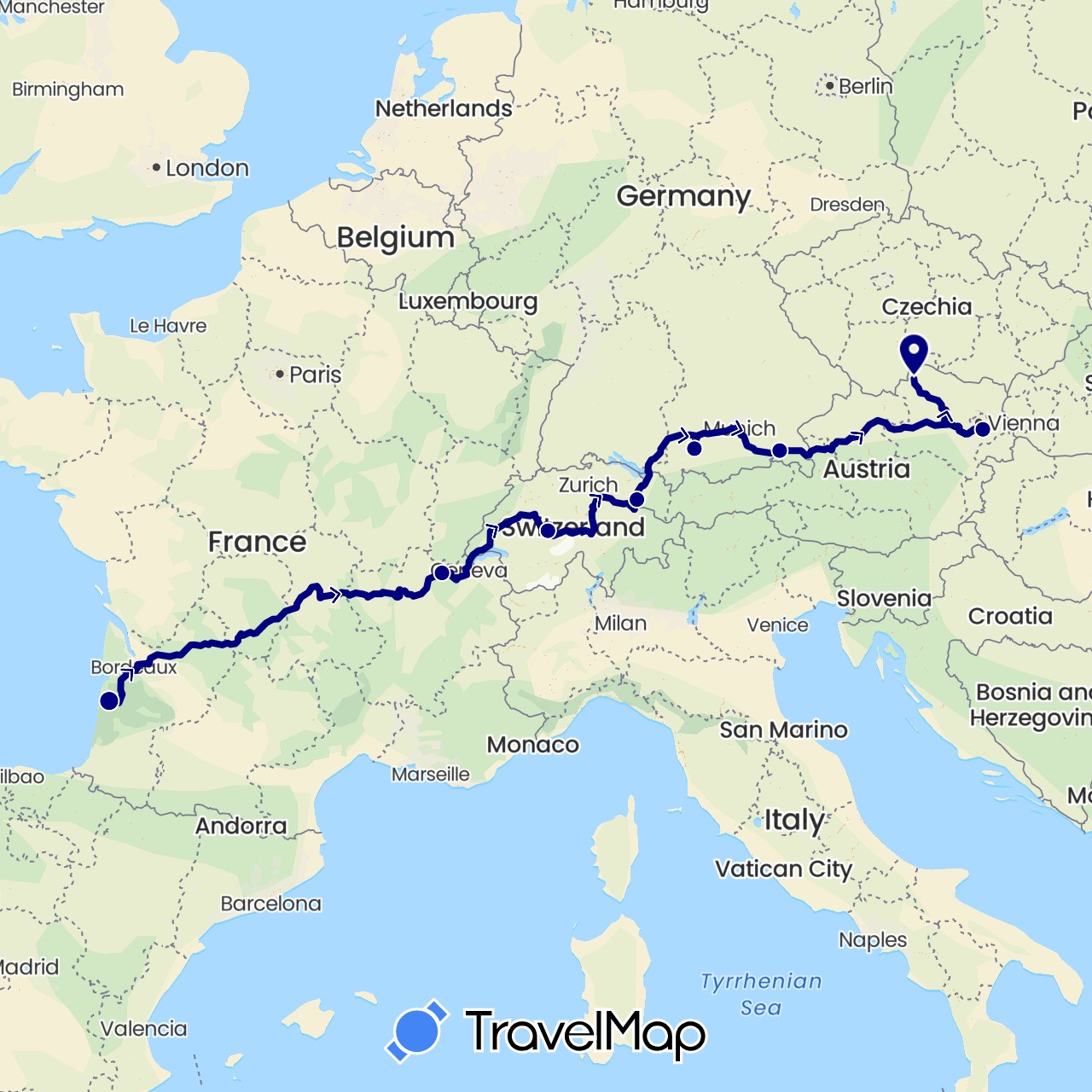 TravelMap itinerary: driving in Switzerland, France, Liechtenstein (Europe)