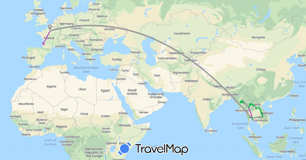 TravelMap itinerary: driving, bus, plane, train in France, Laos, Myanmar (Burma), Thailand (Asia, Europe)