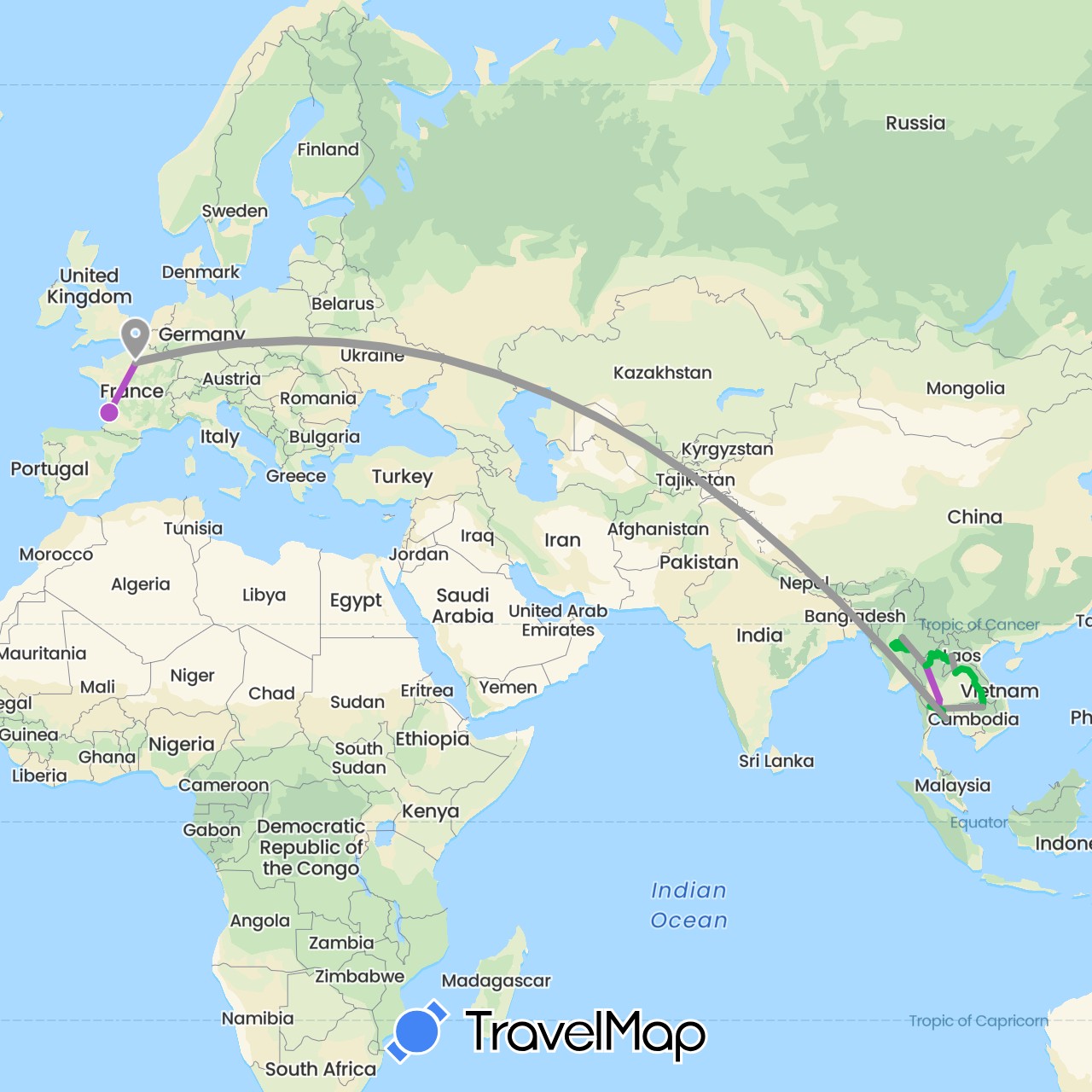 TravelMap itinerary: driving, bus, plane, train in France, Laos, Myanmar (Burma), Thailand (Asia, Europe)